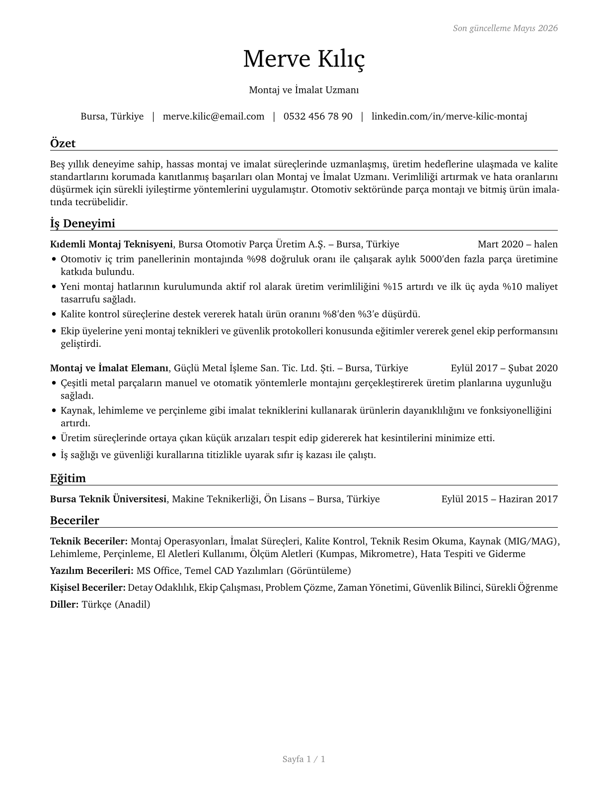 Assemblers and Fabricators, All Other CV in Turkish — page 1