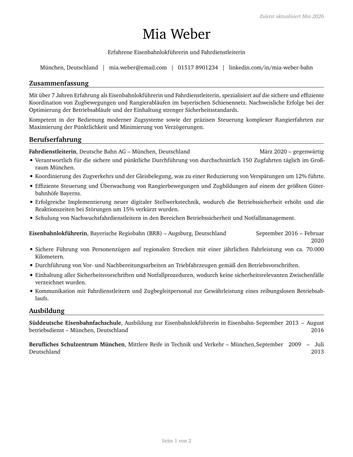 Railroad Conductors and Yardmasters CV in German — page 1