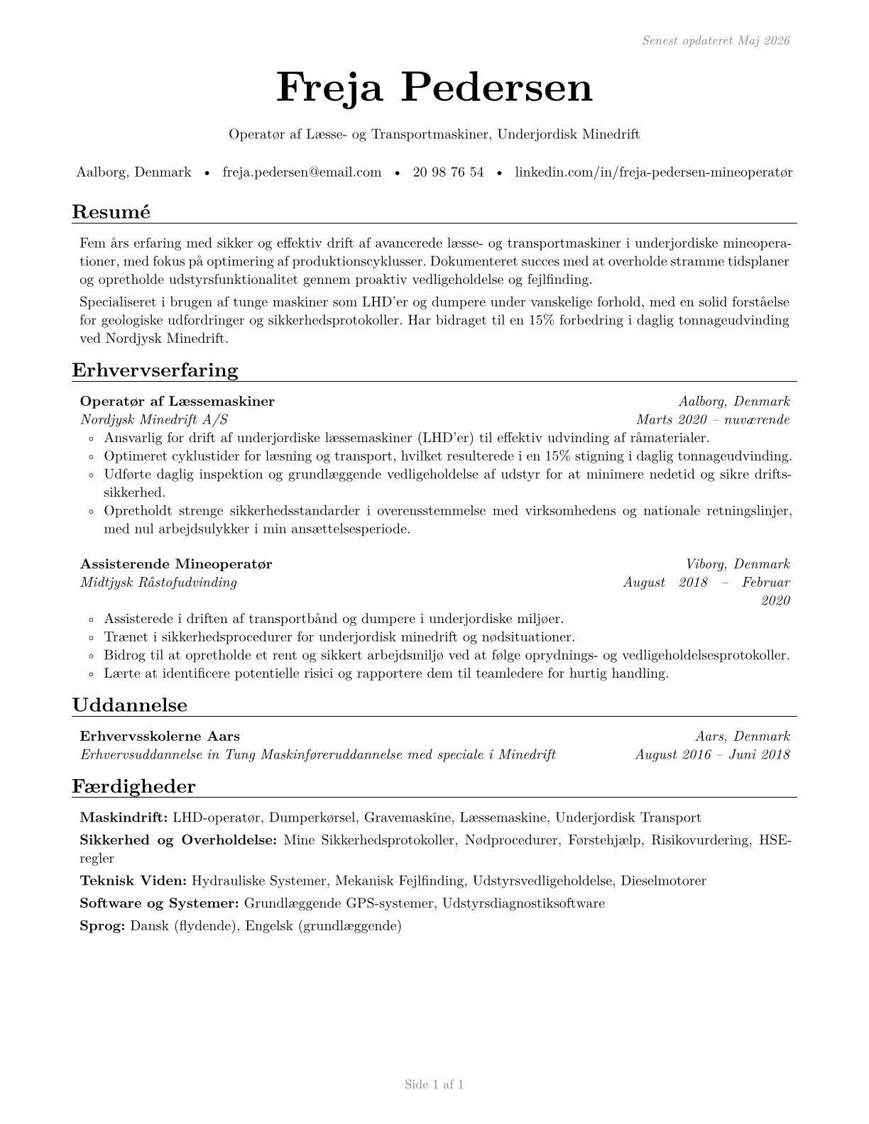 Loading and Moving Machine Operators, Underground Mining CV in Danish — page 1
