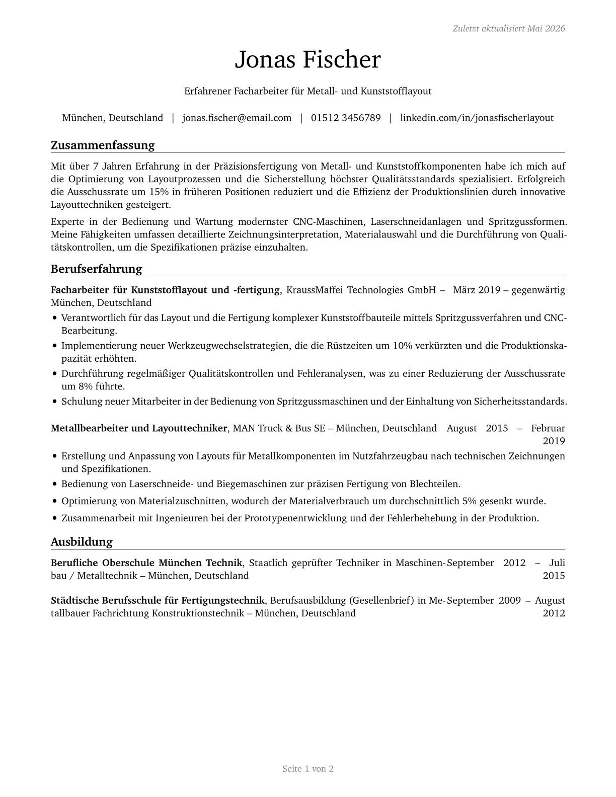 Layout Workers, Metal and Plastic CV in German — page 1