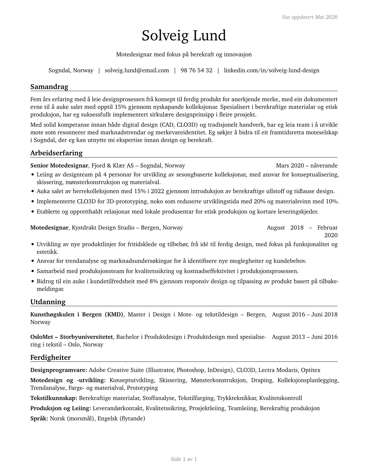 Fashion Designers CV in Norwegian_nynorsk — page 1