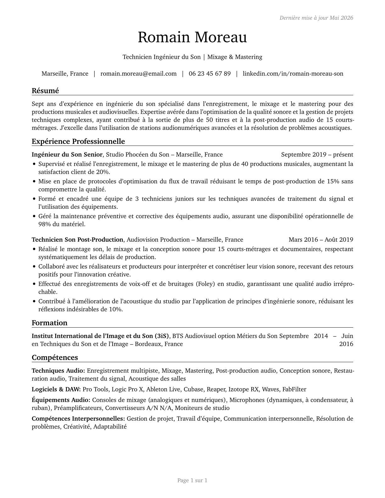 Sound Engineering Technicians CV in French — page 1
