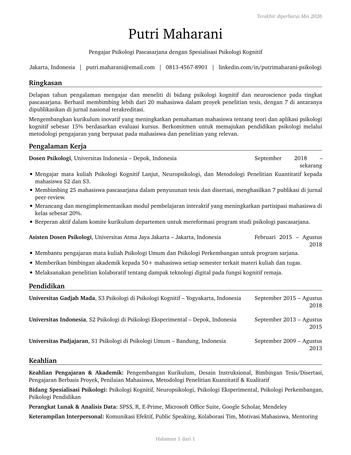 Psychology Teachers, Postsecondary CV in Indonesian — page 1