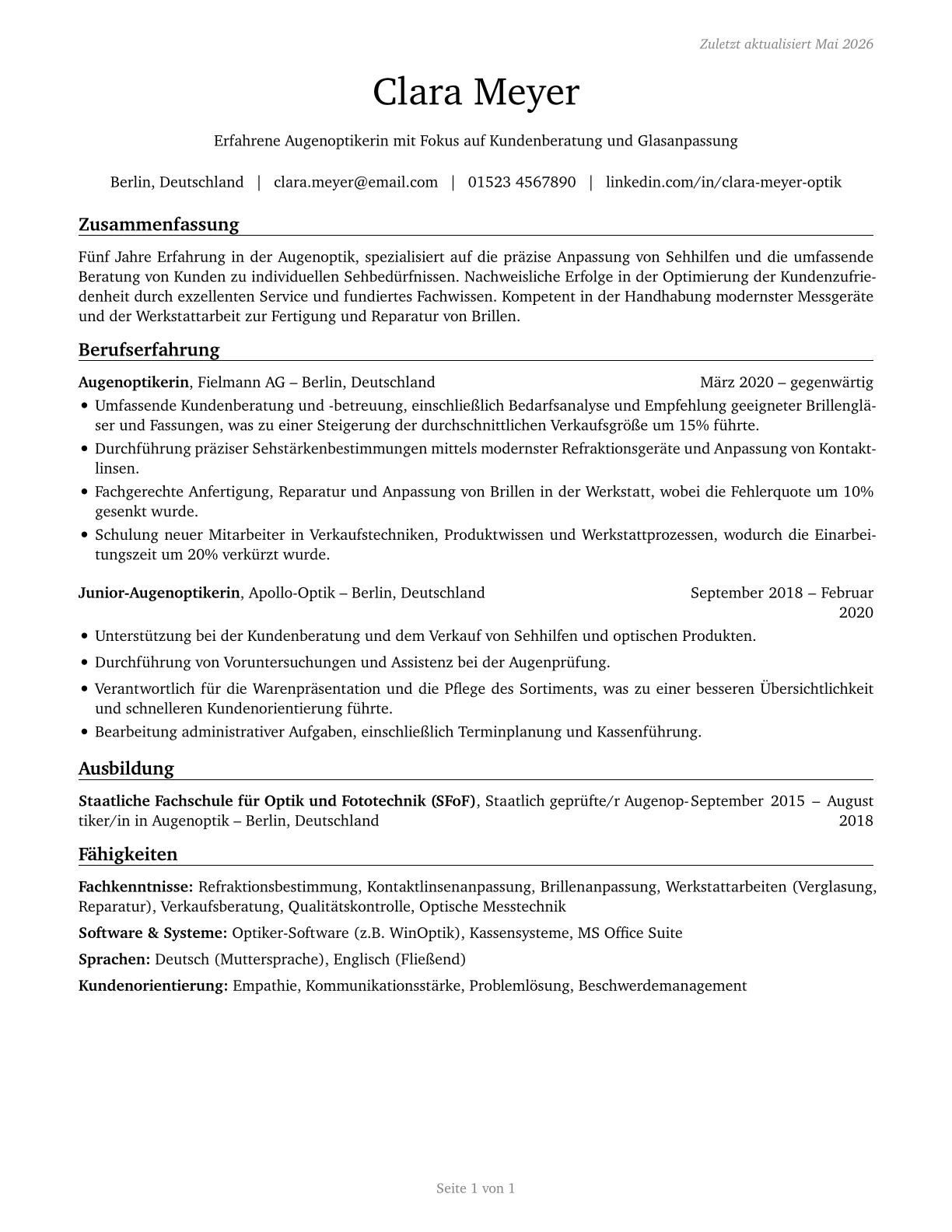Opticians, Dispensing CV in German — page 1