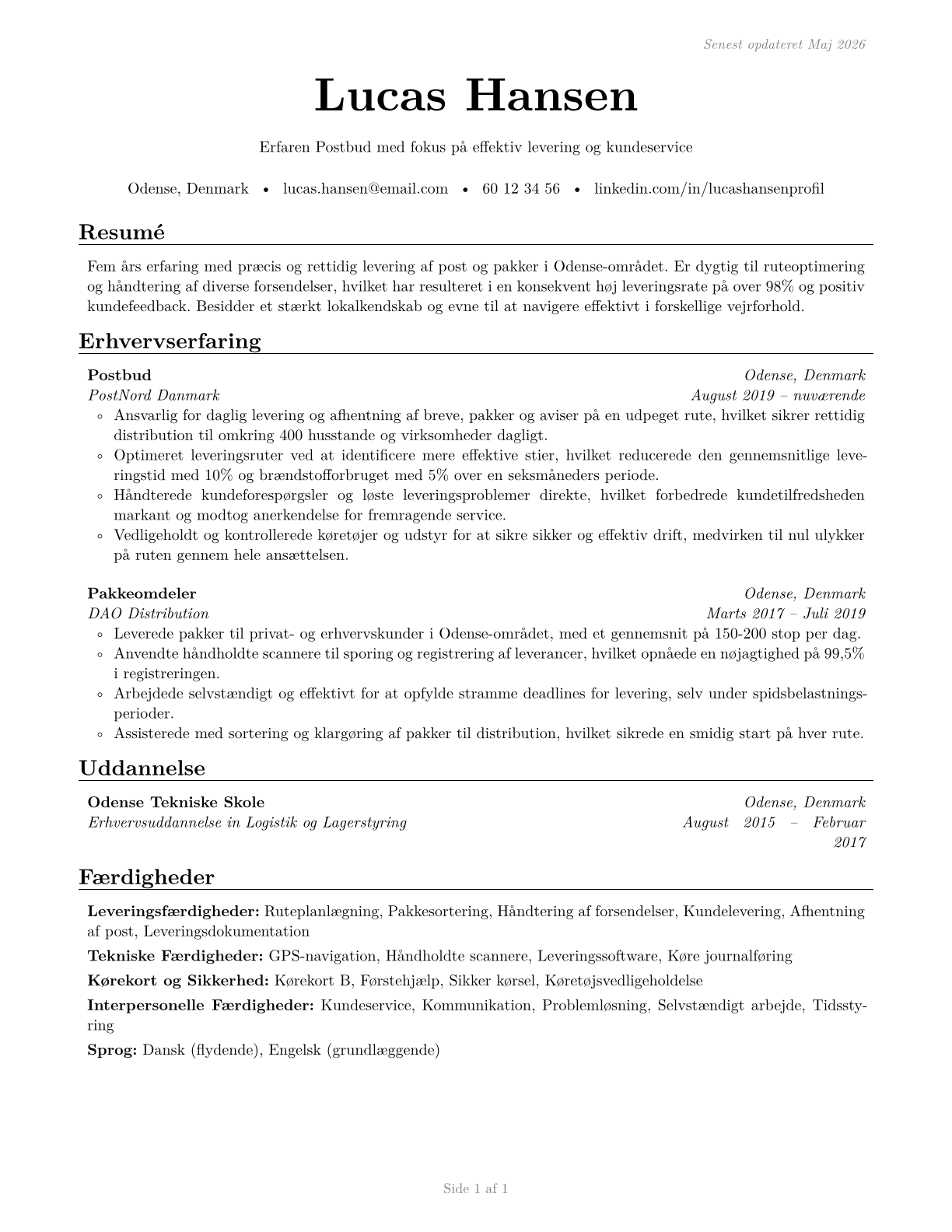 Postal Service Mail Carriers CV in Danish — page 1