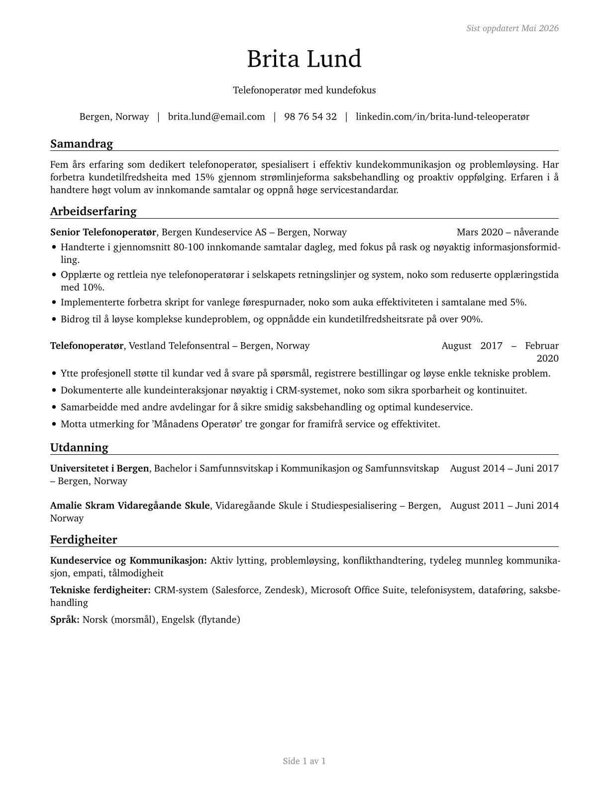Telephone Operators CV in Norwegian_nynorsk — page 1