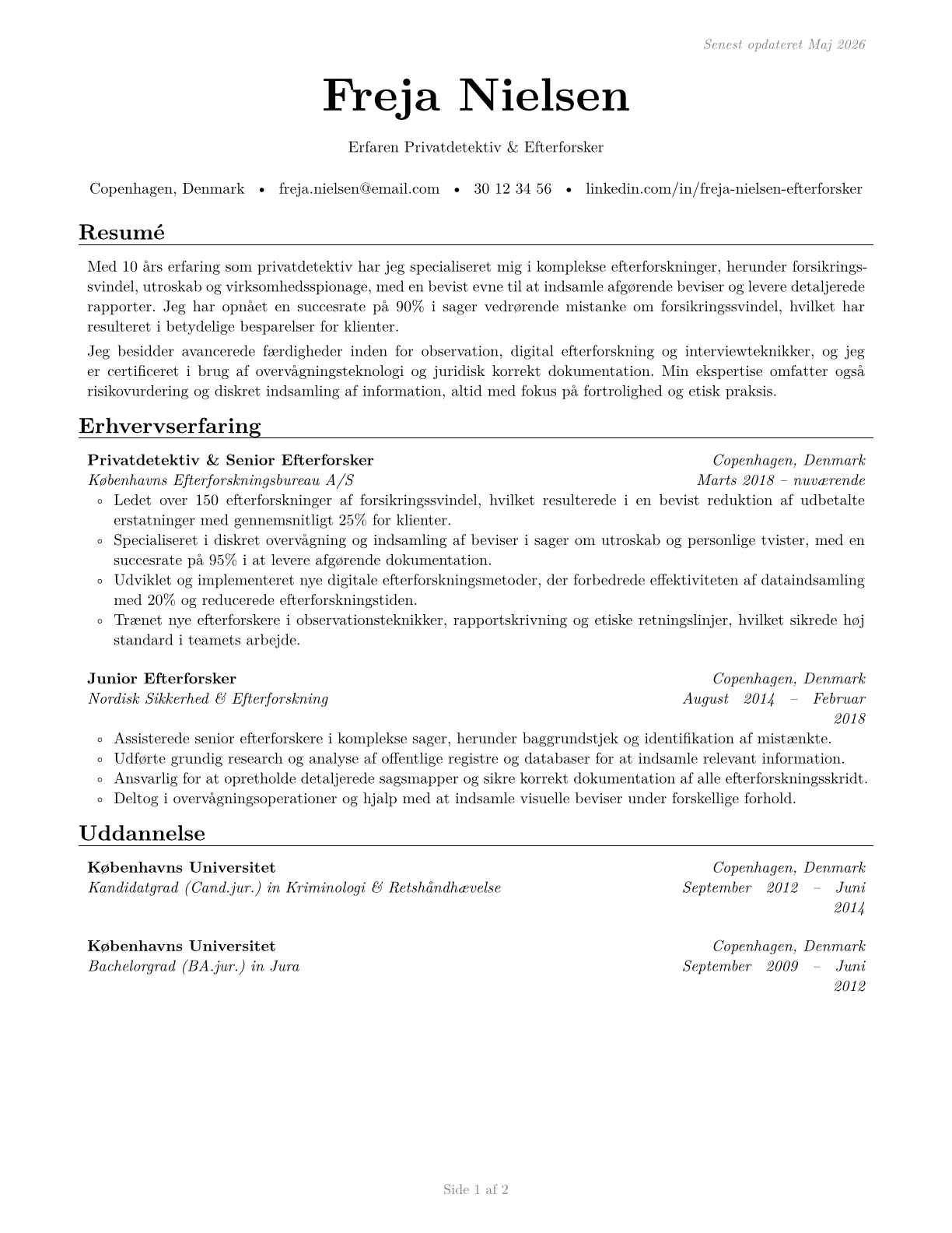 Private Detectives and Investigators CV in Danish — page 1
