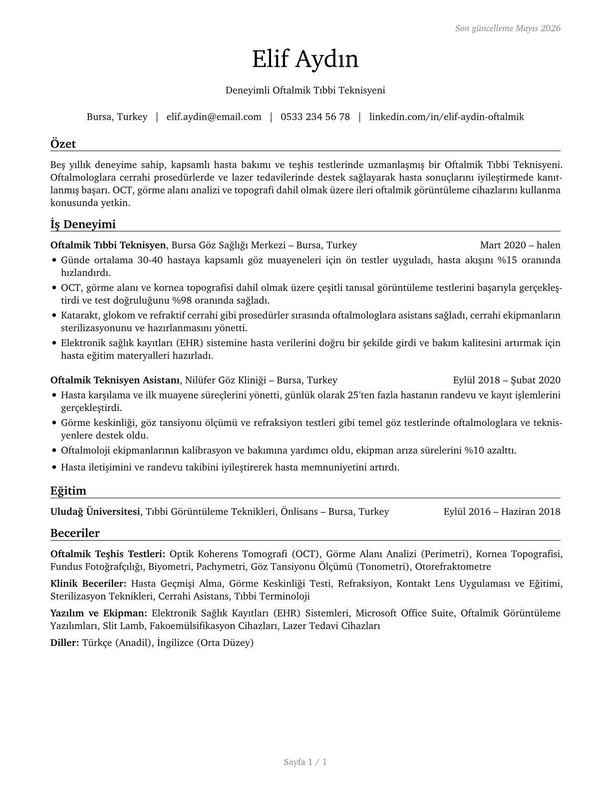 Ophthalmic Medical Technicians CV in Turkish — page 1