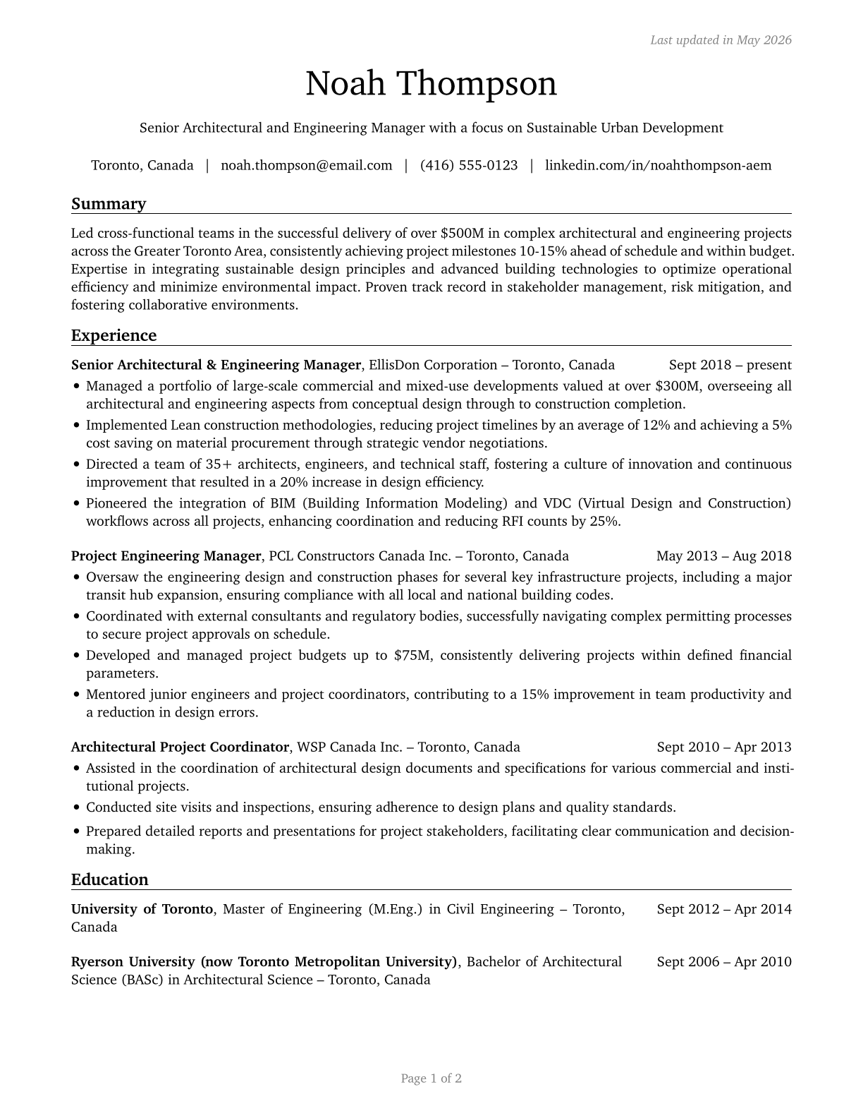 Architectural and Engineering Managers CV in English — page 1