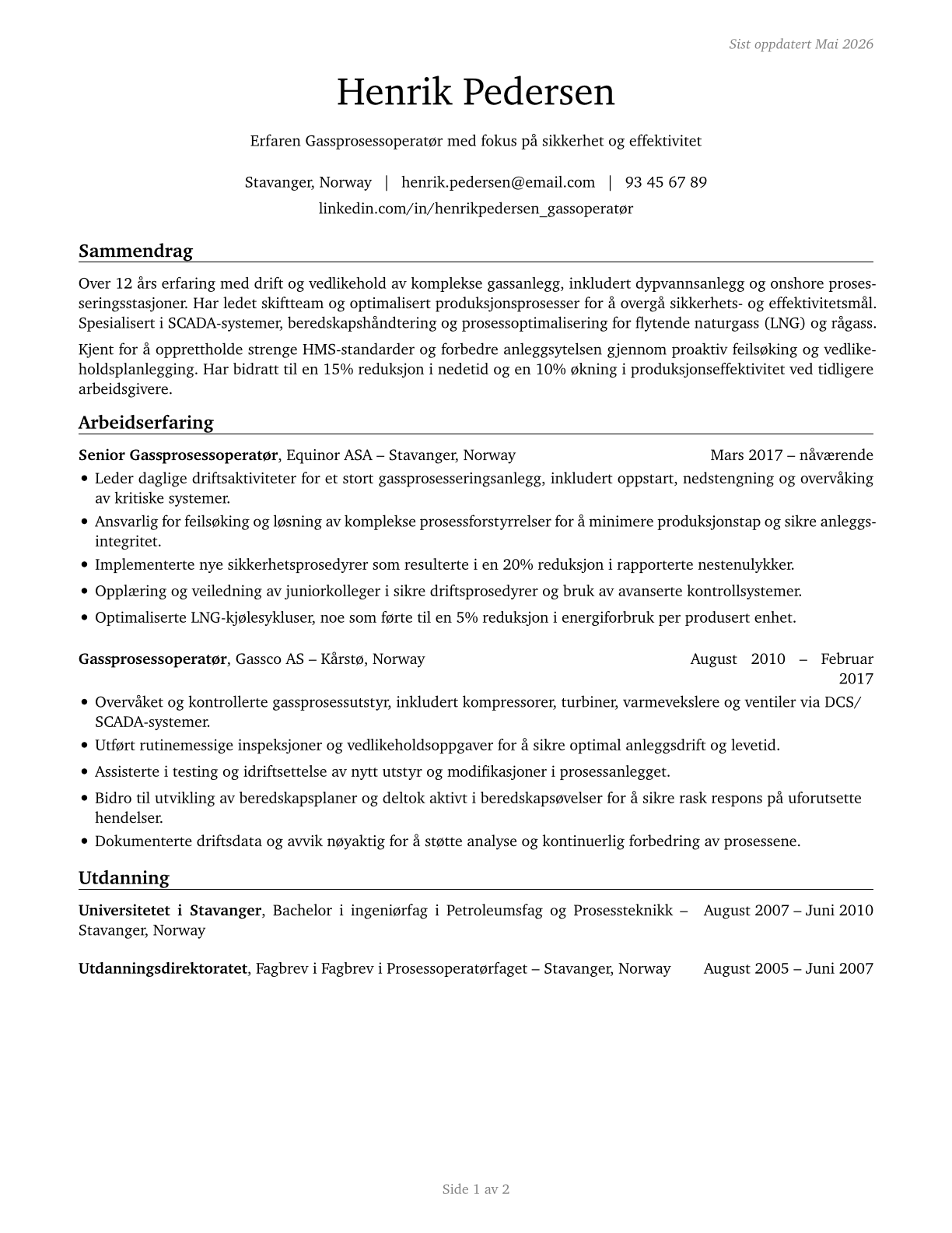 Gas Plant Operators CV in Norwegian_bokmal — page 1
