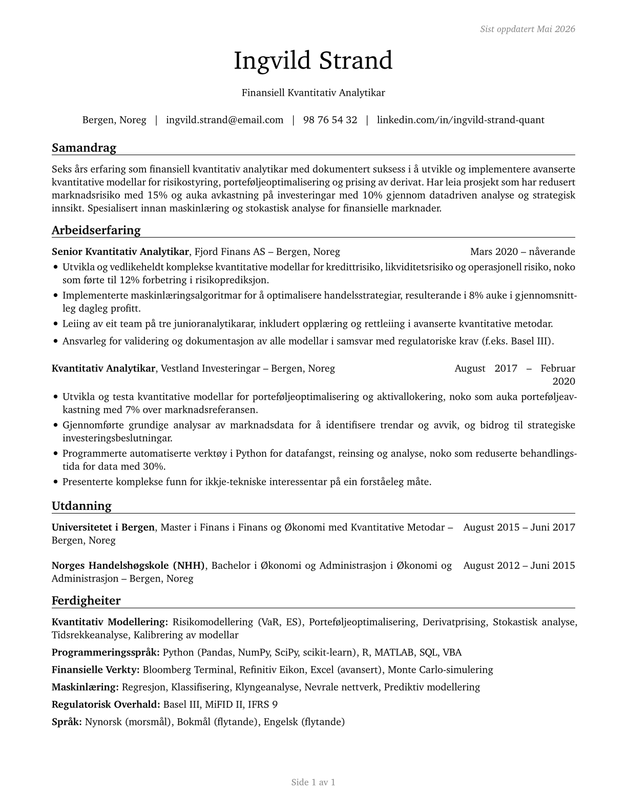 Financial Quantitative Analysts CV in Norwegian_nynorsk — page 1