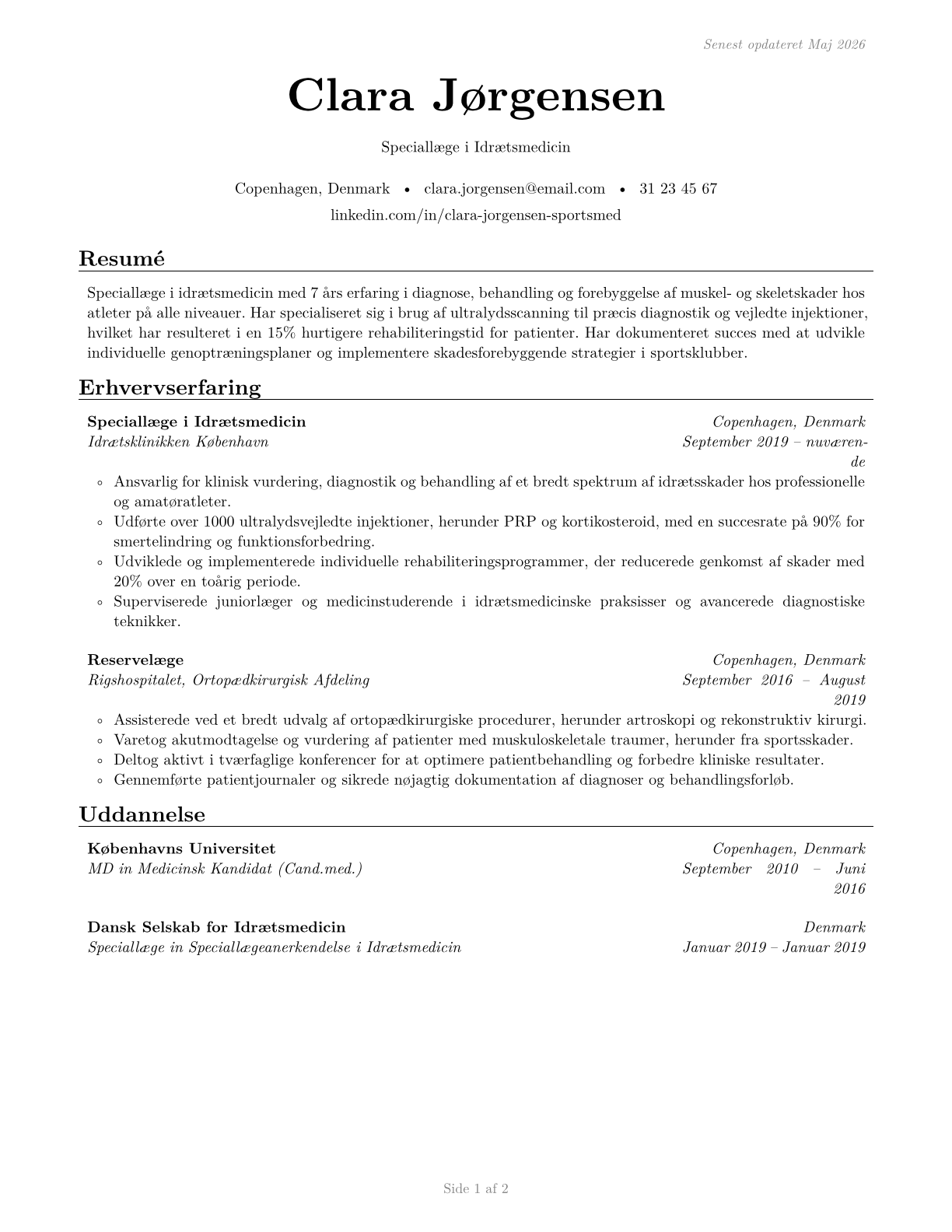 Sports Medicine Physicians CV in Danish — page 1