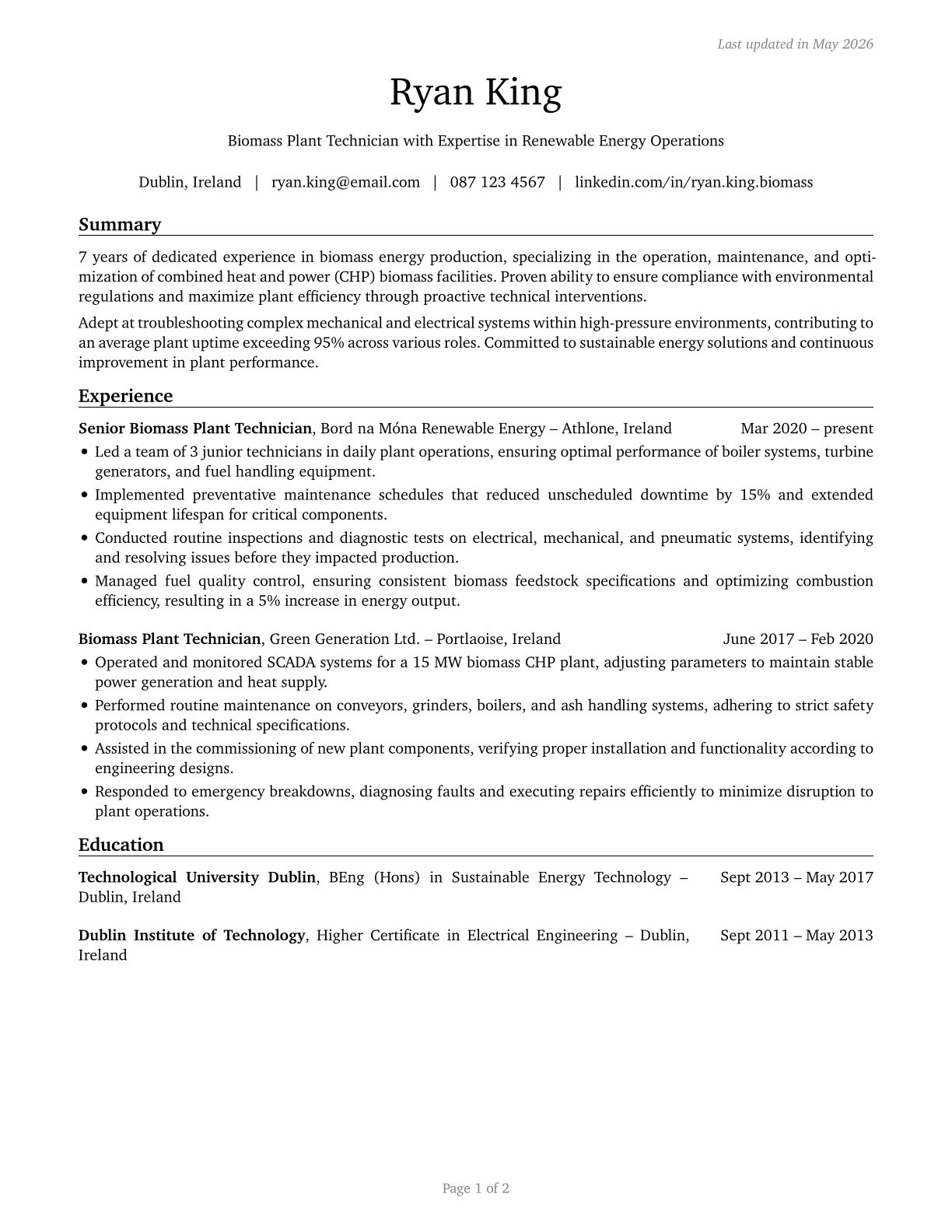 Biomass Plant Technicians CV in English — page 1