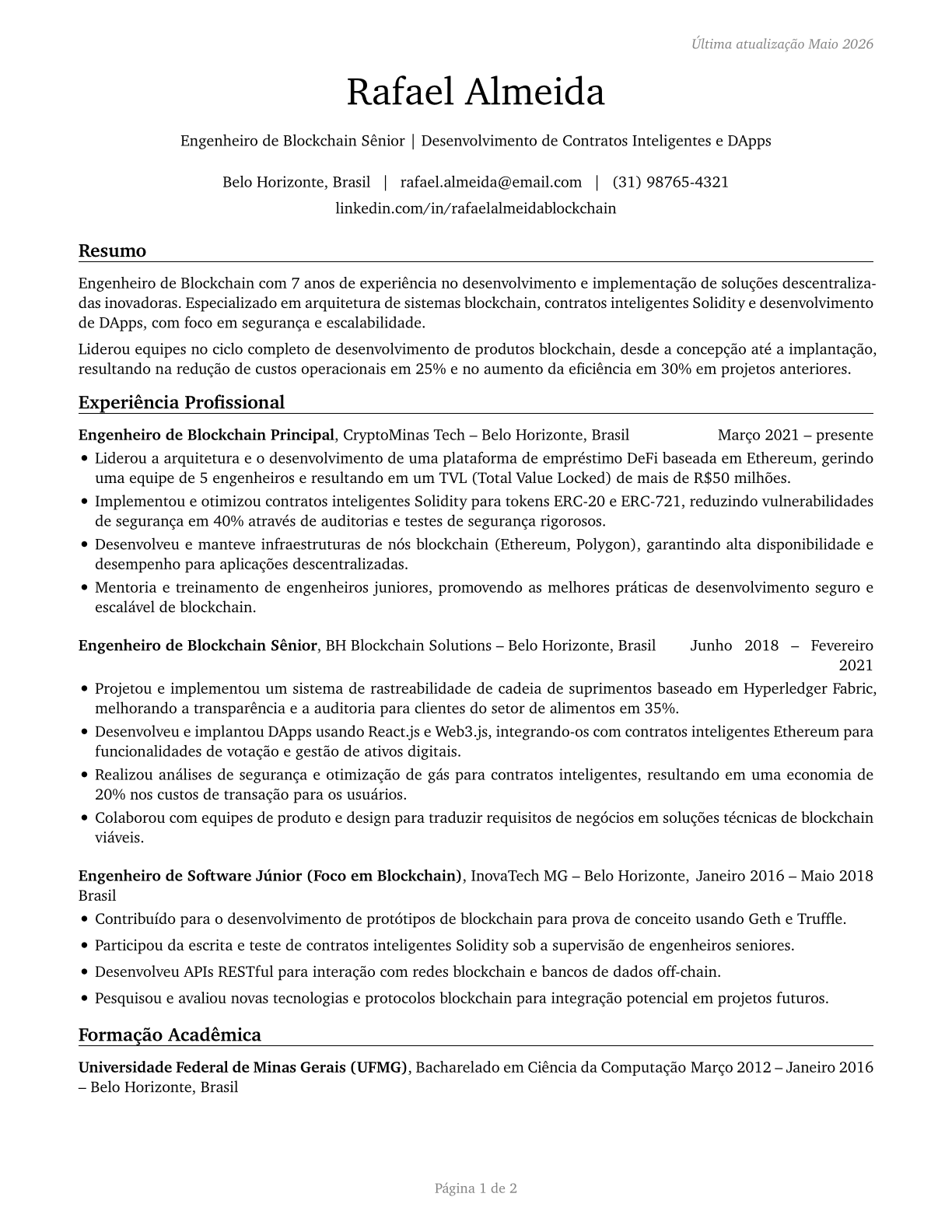 Blockchain Engineers CV in Portuguese — page 1