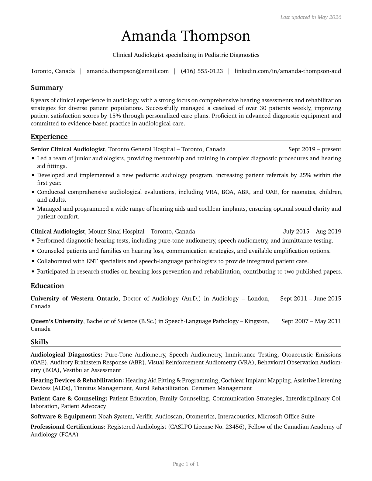 Audiologists CV in English — page 1