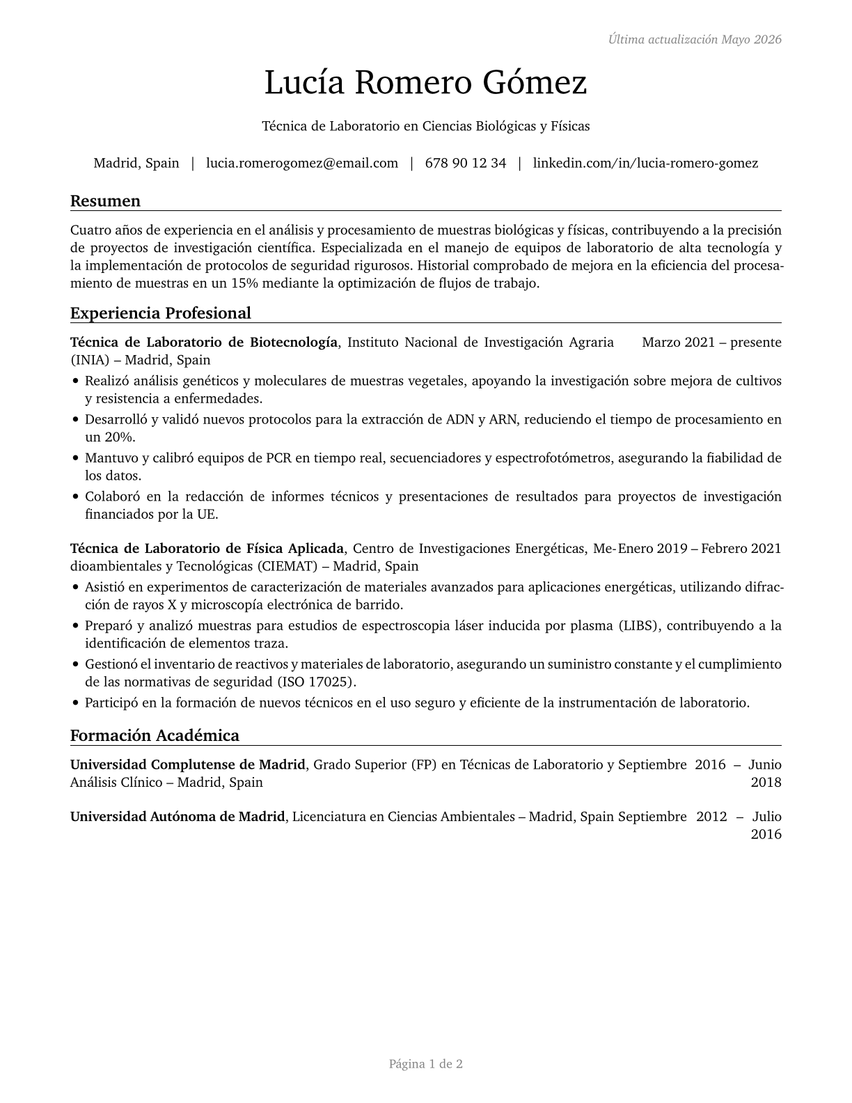 Life, Physical, and Social Science Technicians, All Other CV in Spanish — page 1