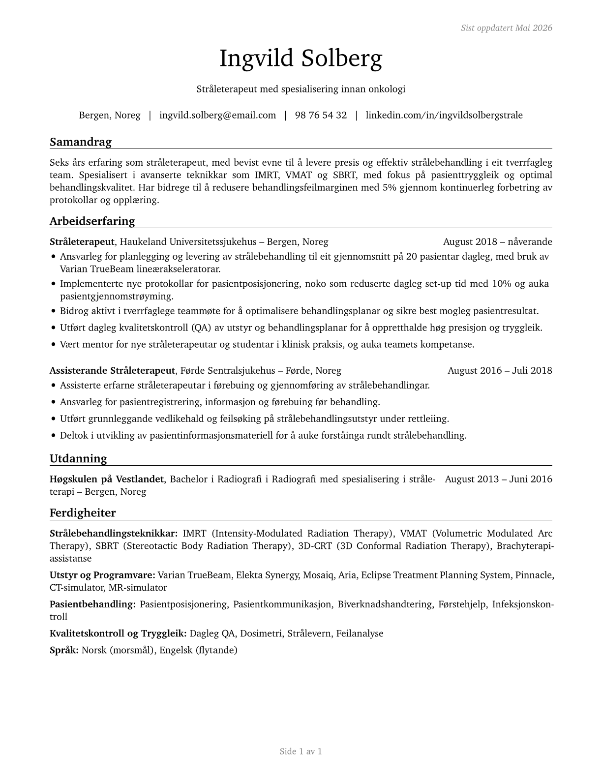 Radiation Therapists CV in Norwegian_nynorsk — page 1