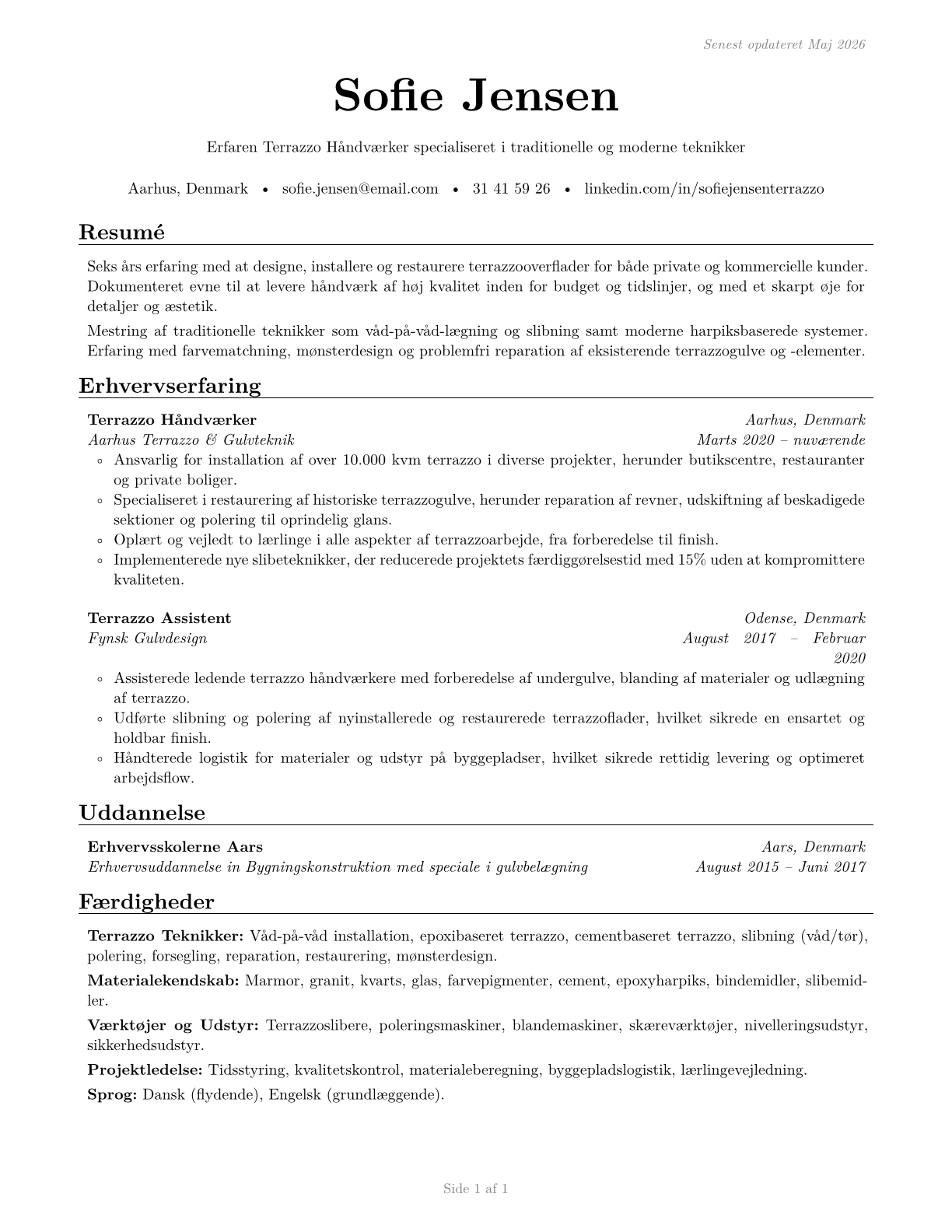 Terrazzo Workers and Finishers CV in Danish — page 1