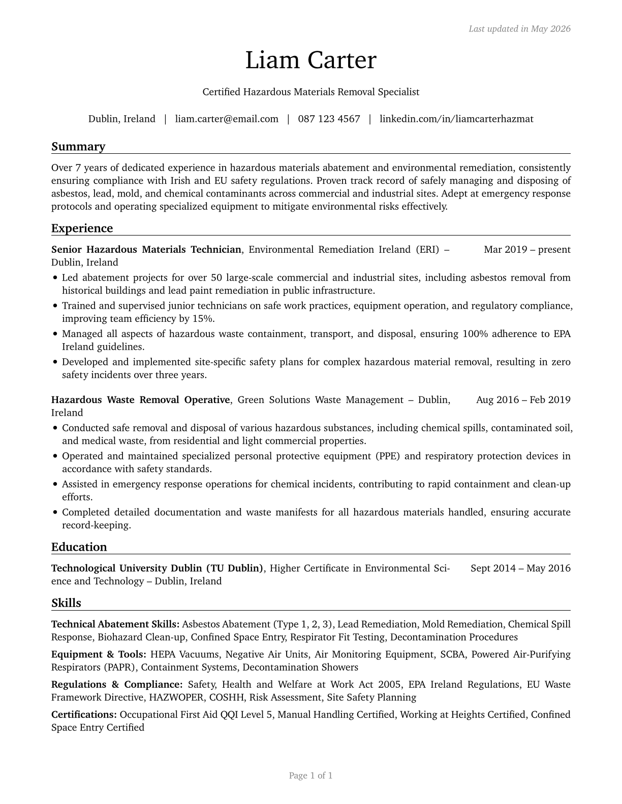 Hazardous Materials Removal Workers CV in English — page 1