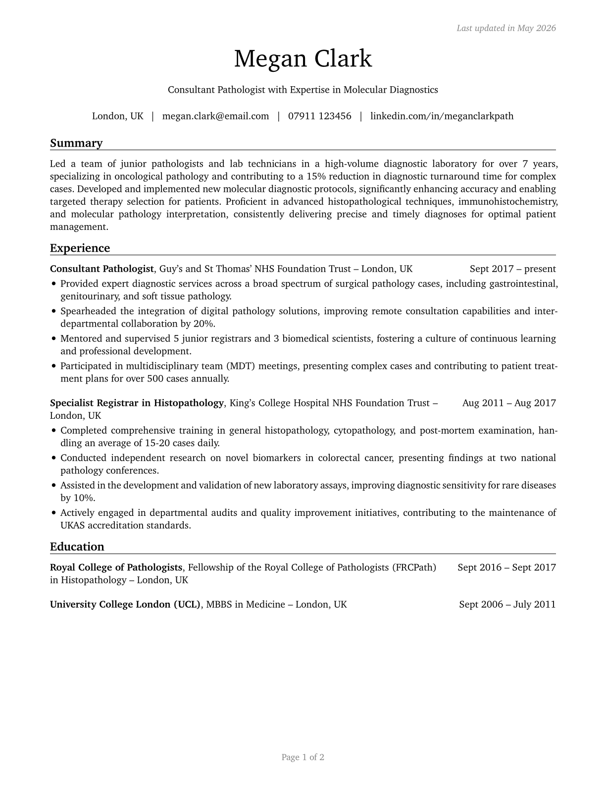 Physicians, Pathologists CV in English — page 1