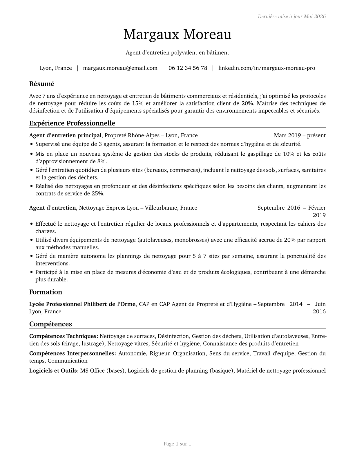Building Cleaning Workers, All Other CV in French — page 1