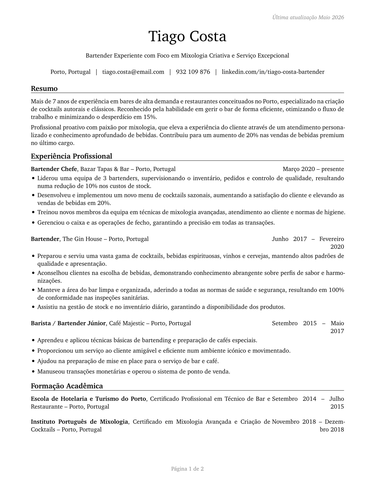 Bartenders CV in Portuguese — page 1