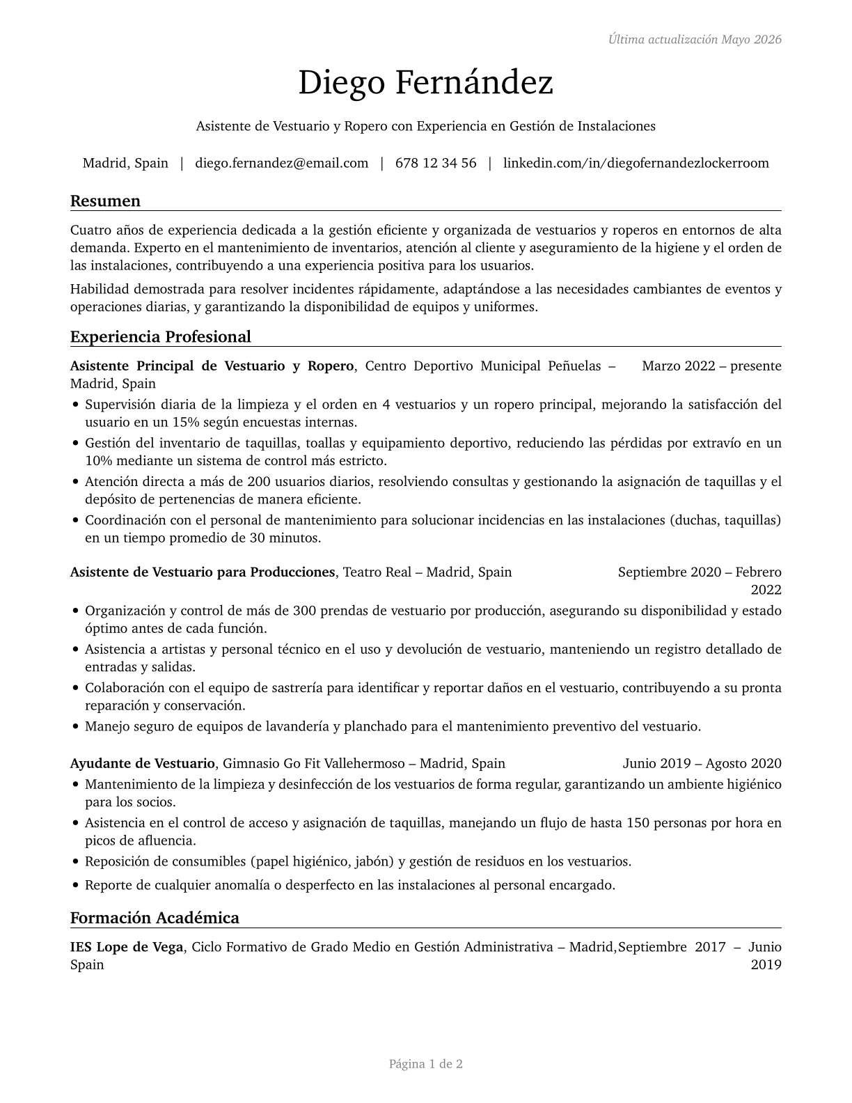 Locker Room, Coatroom, and Dressing Room Attendants CV in Spanish — page 1