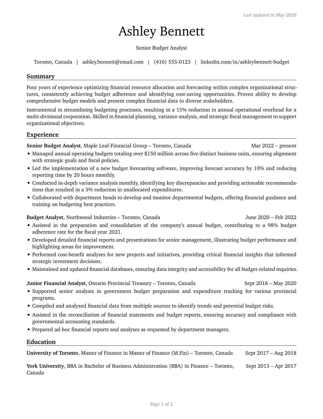 Budget Analysts CV in English — page 1