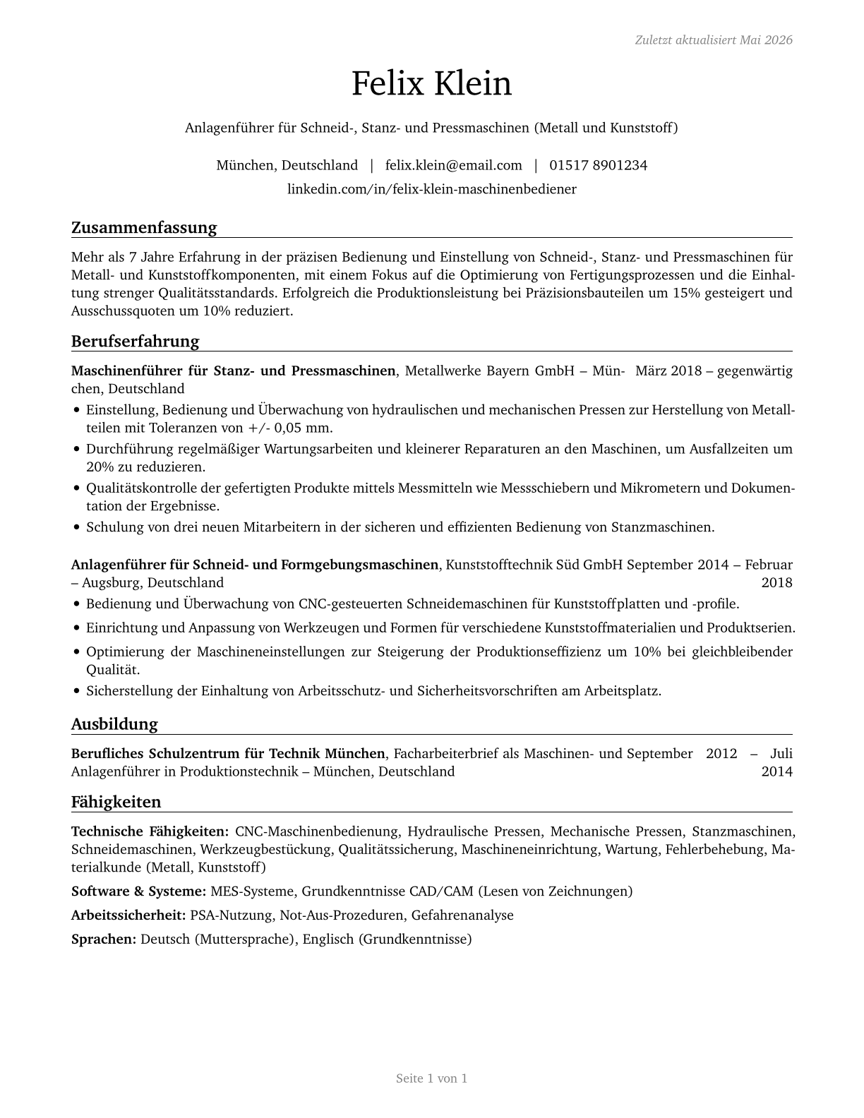 Cutting, Punching, and Press Machine Setters, Operators, and Tenders, Metal and Plastic CV in German — page 1