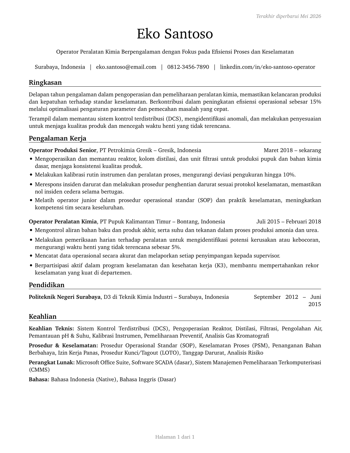 Chemical Equipment Operators and Tenders CV in Indonesian — page 1