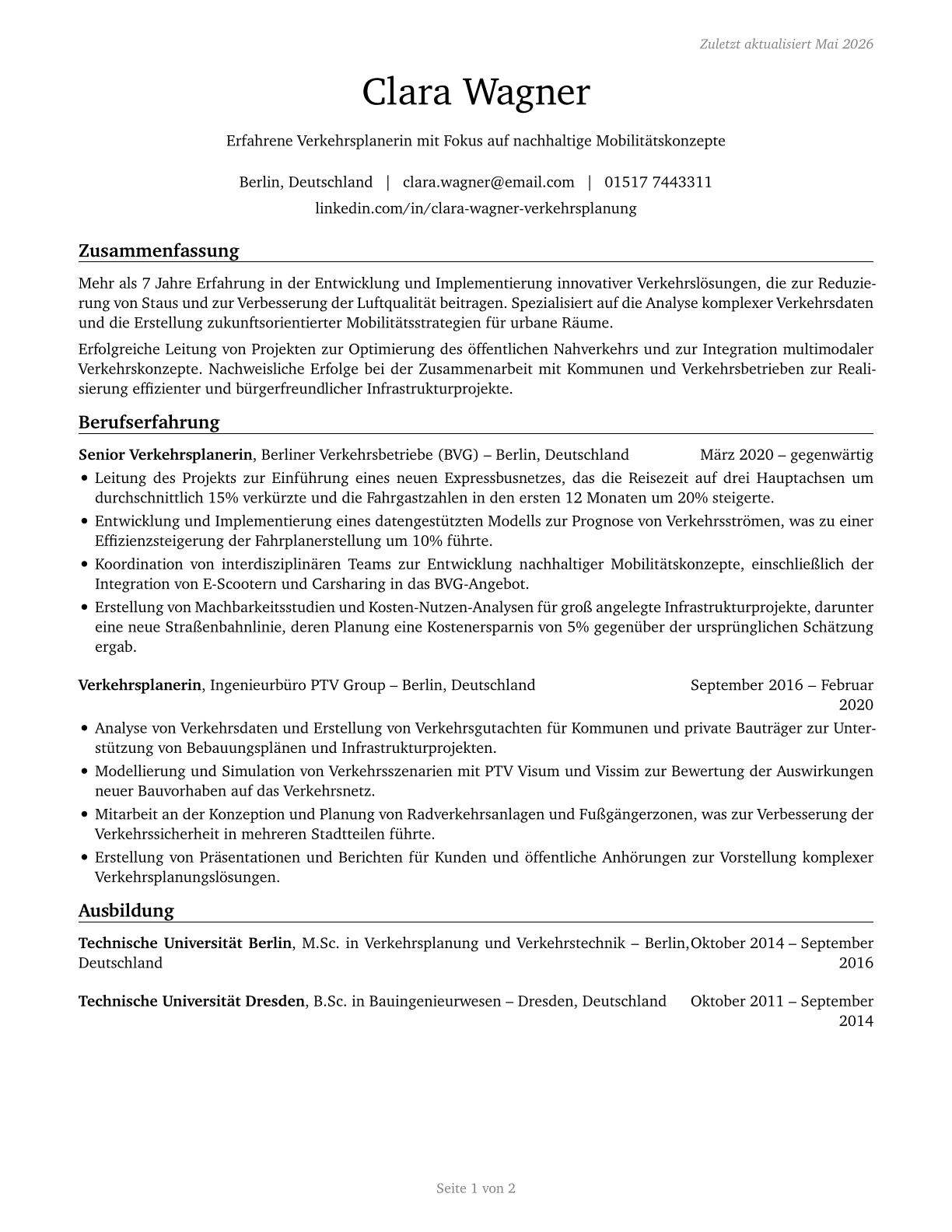 Transportation Planners CV in German — page 1