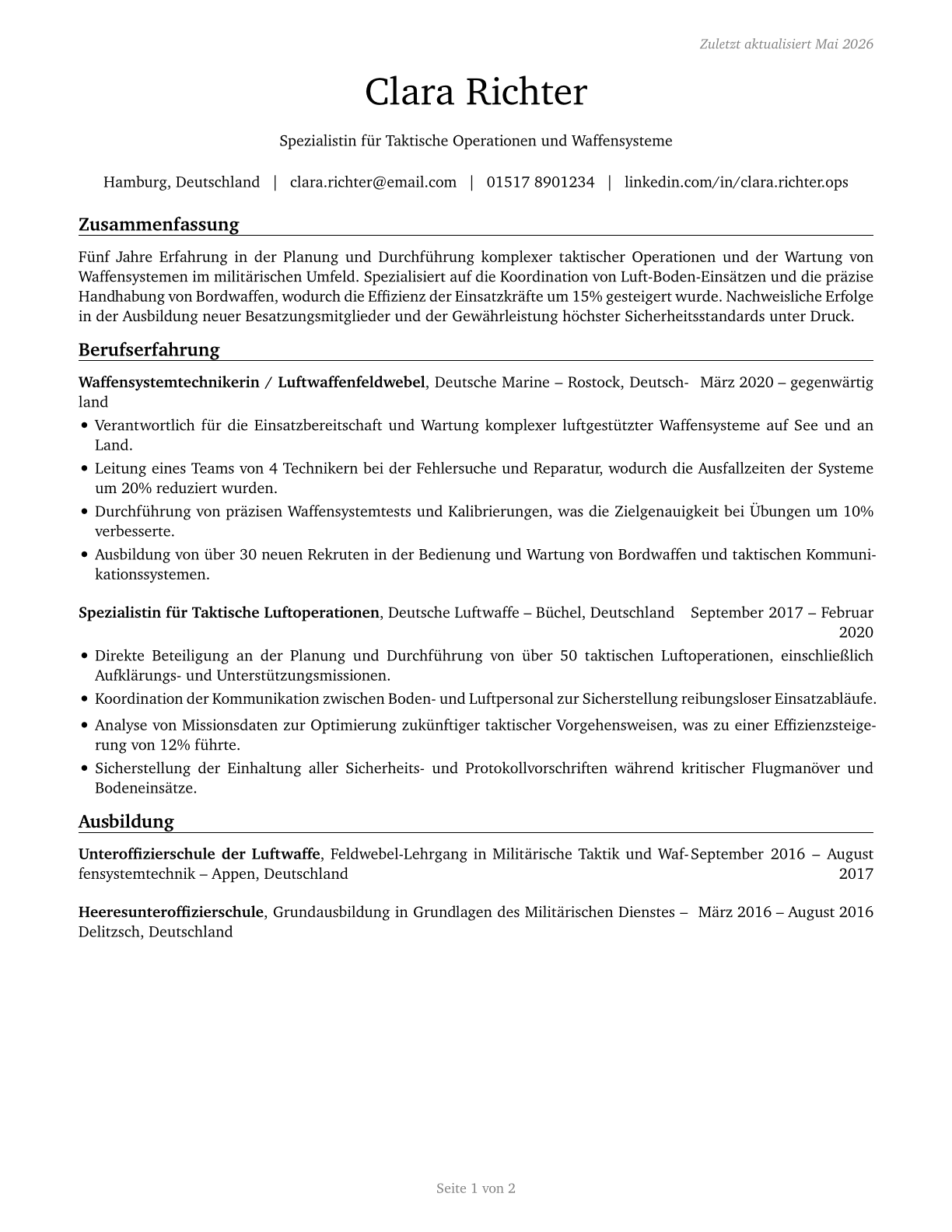Military Enlisted Tactical Operations and Air/Weapons Specialists and Crew Members, All Other CV in German — page 1