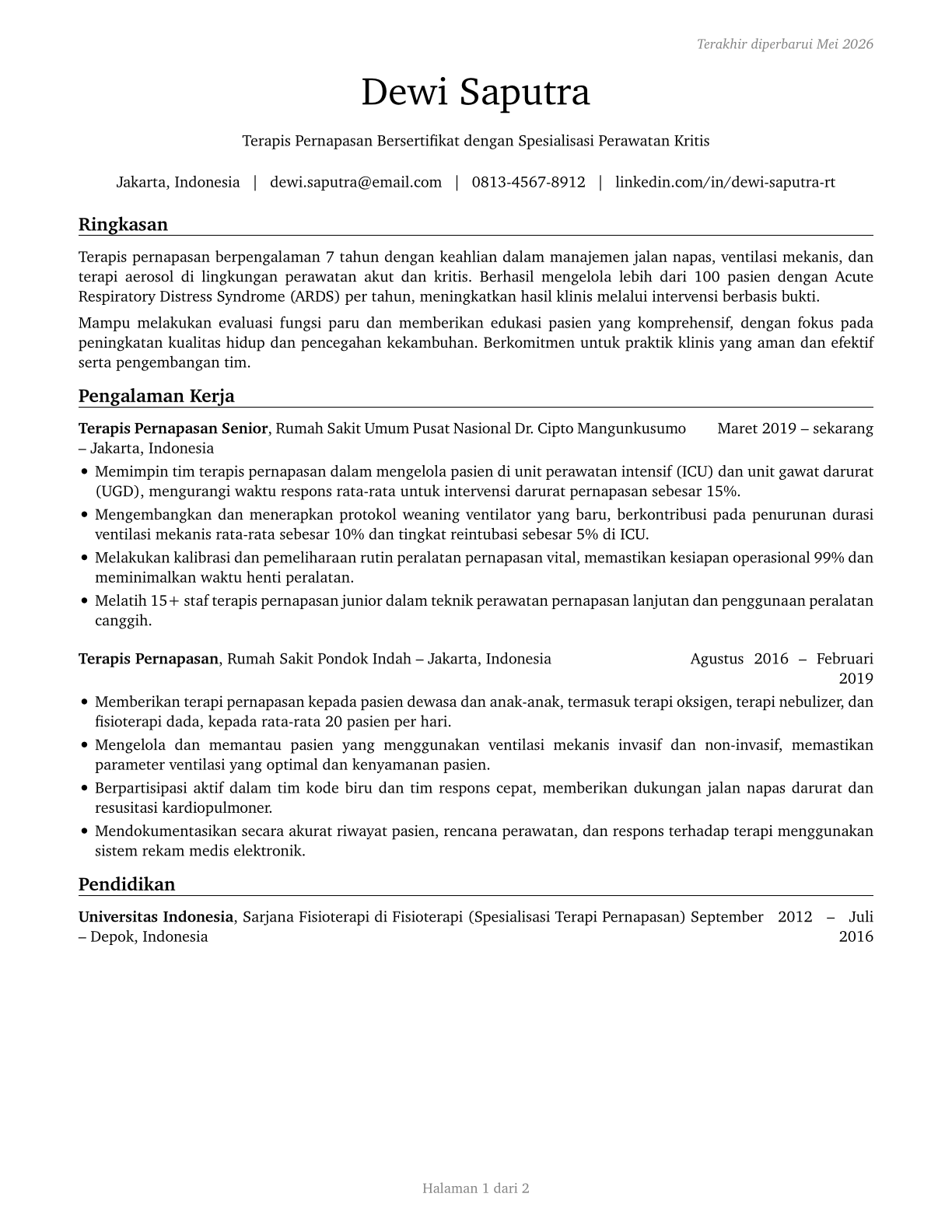 Respiratory Therapists CV in Indonesian — page 1