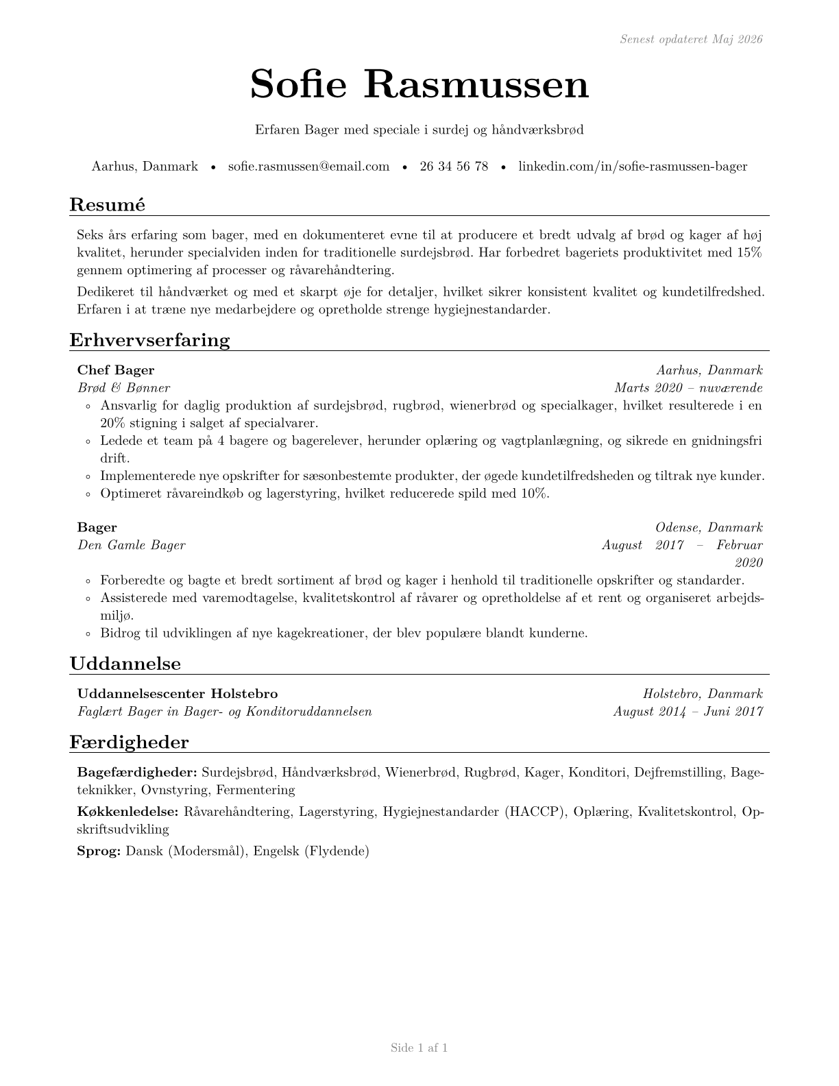 Bakers CV in Danish — page 1