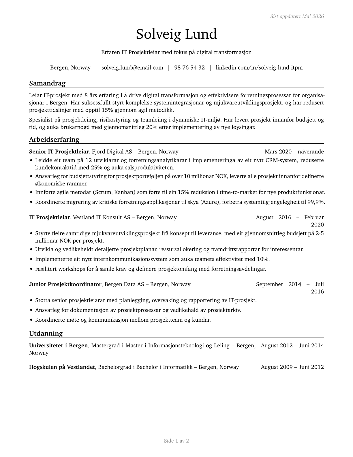 Information Technology Project Managers CV in Norwegian_nynorsk — page 1