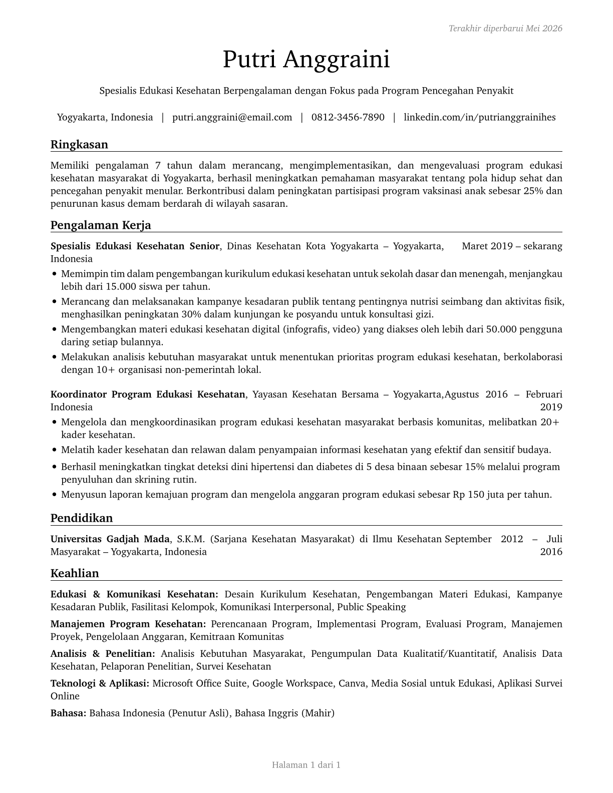 Health Education Specialists CV in Indonesian — page 1