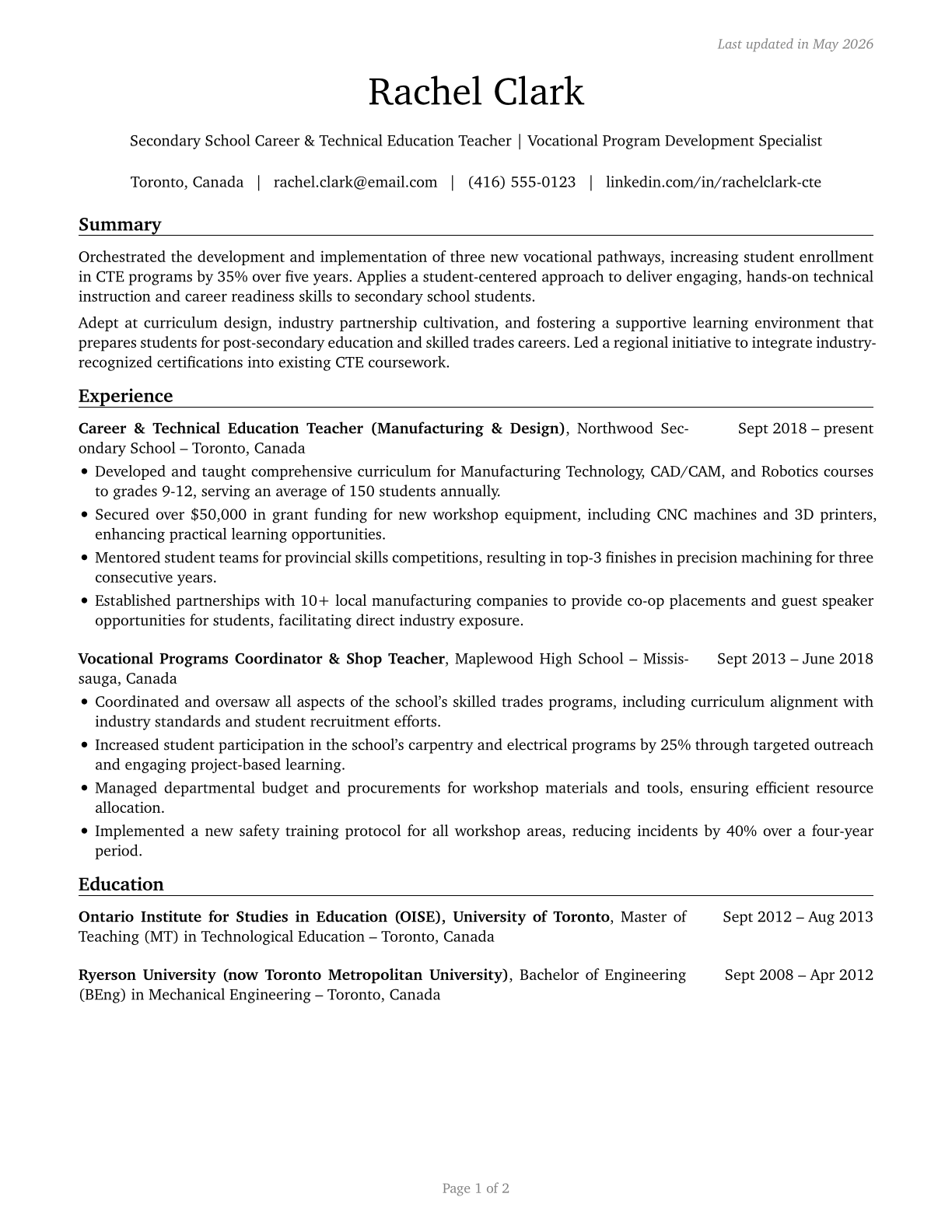 Career/Technical Education Teachers, Secondary School CV in English — page 1