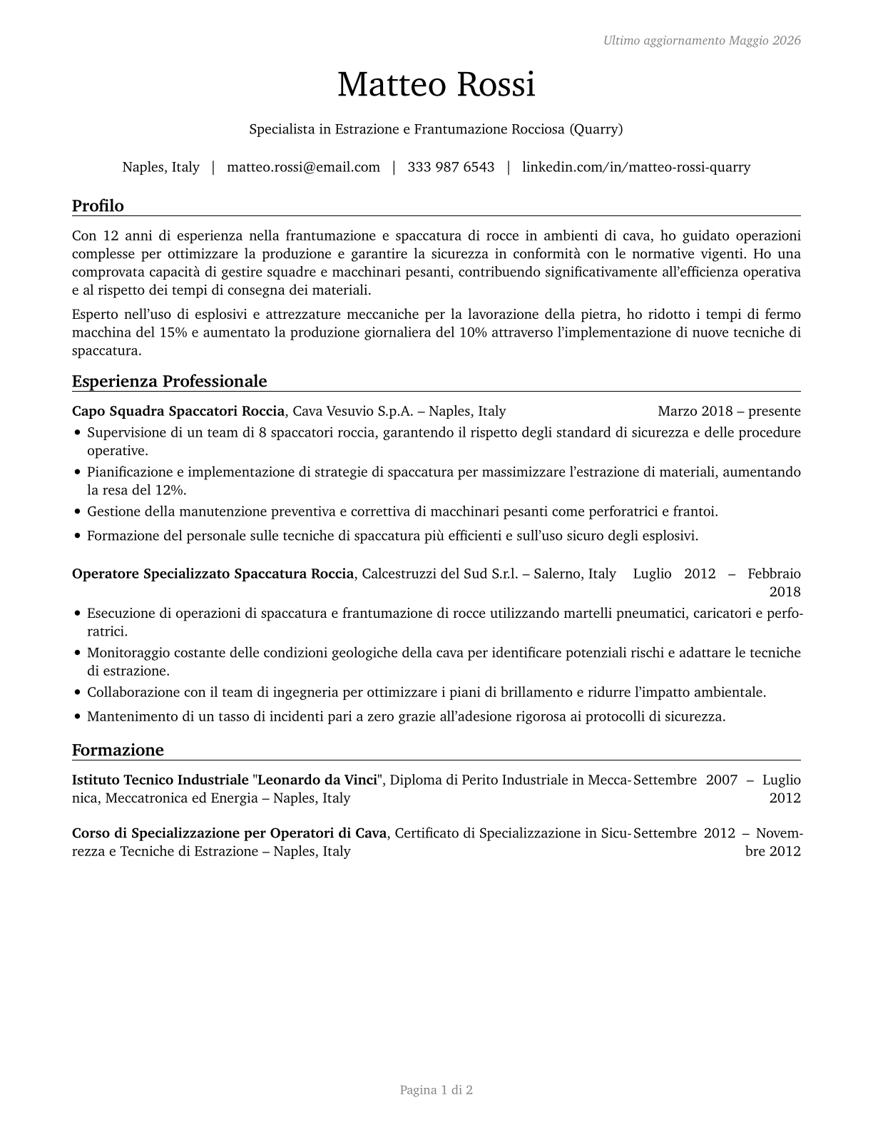 Rock Splitters, Quarry CV in Italian — page 1