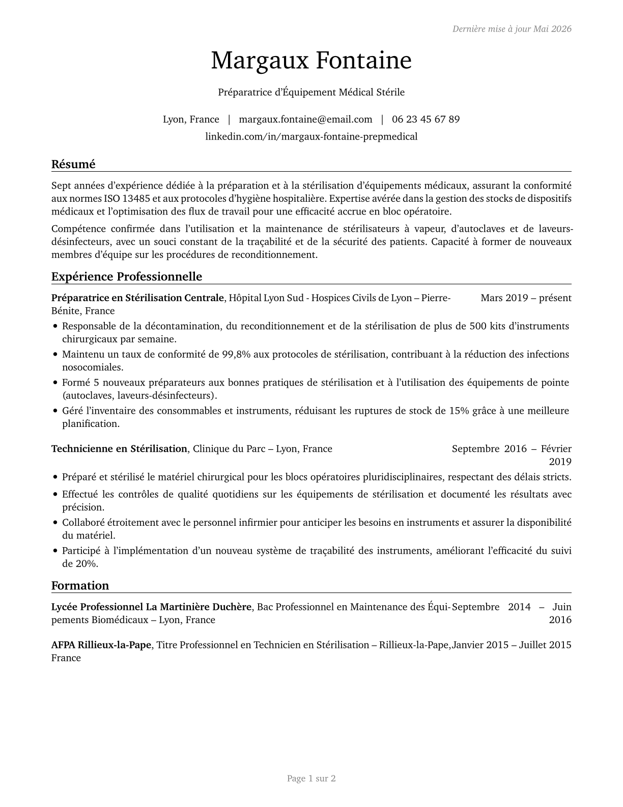 Medical Equipment Preparers CV in French — page 1