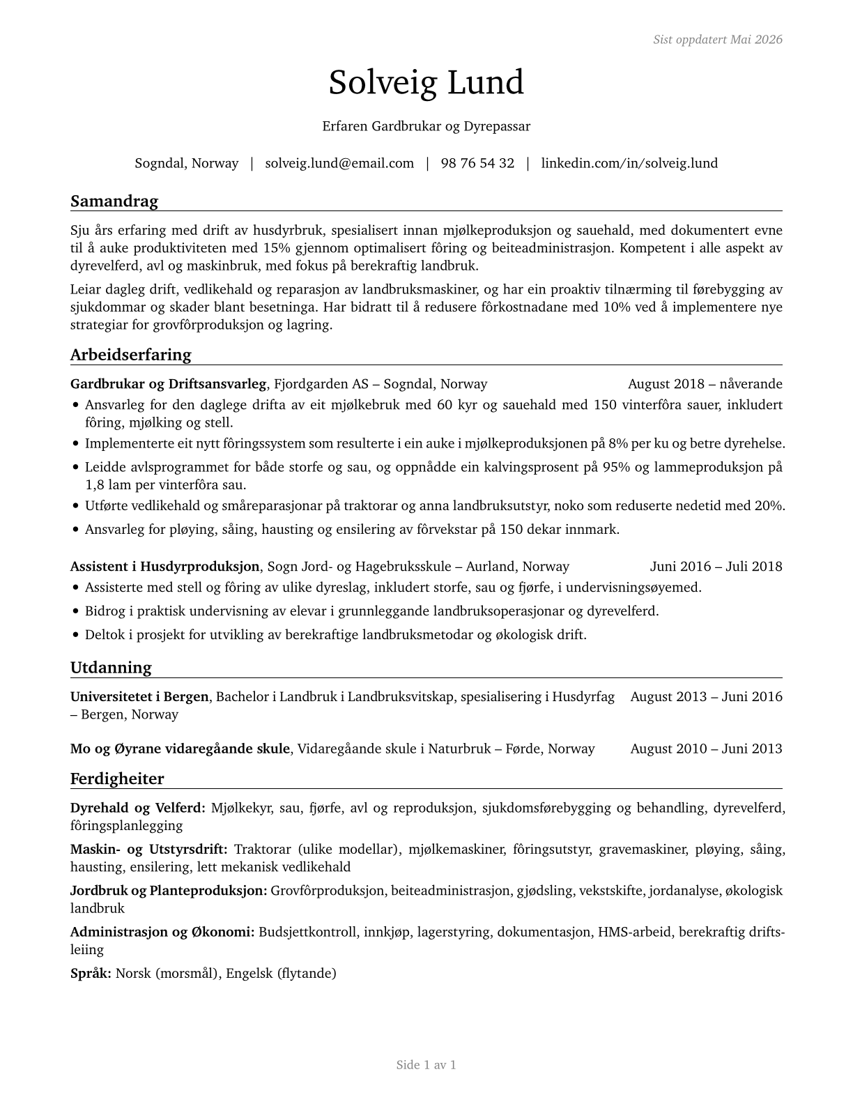 Farmworkers, Farm, Ranch, and Aquacultural Animals CV in Norwegian_nynorsk — page 1