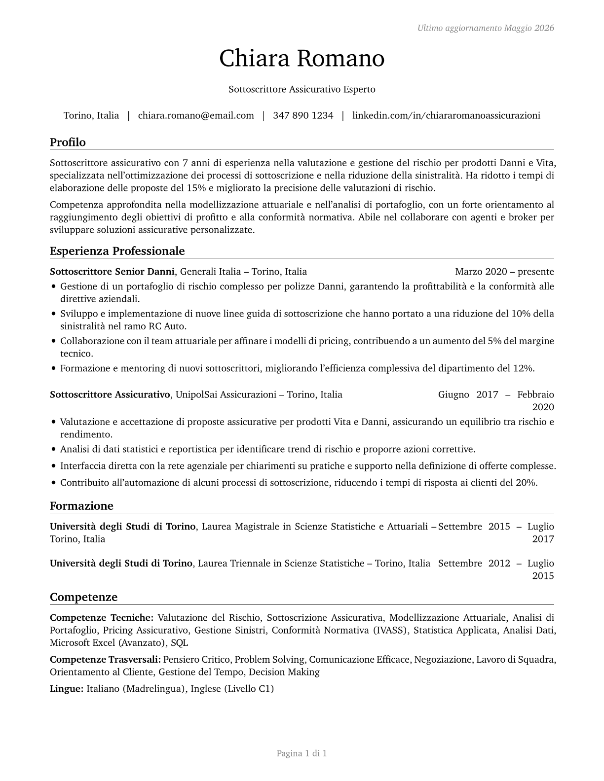Insurance Underwriters CV in Italian — page 1