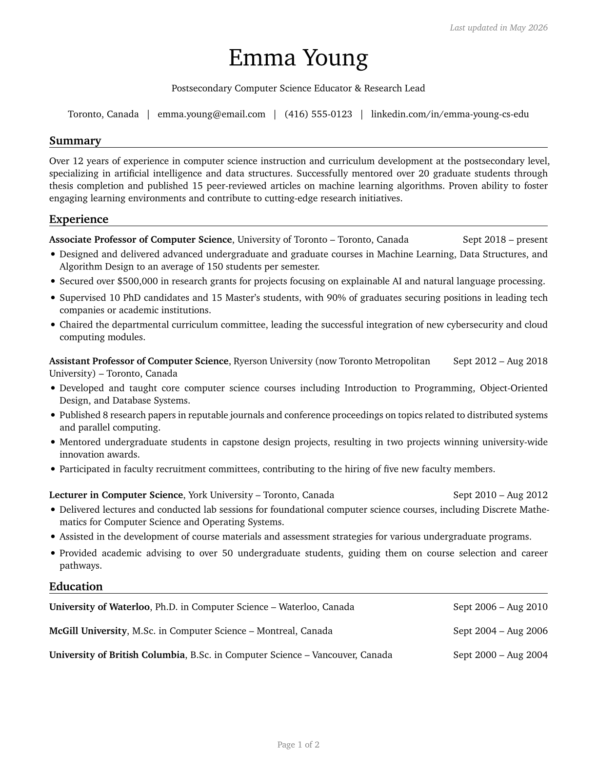 Computer Science Teachers, Postsecondary CV in English — page 1
