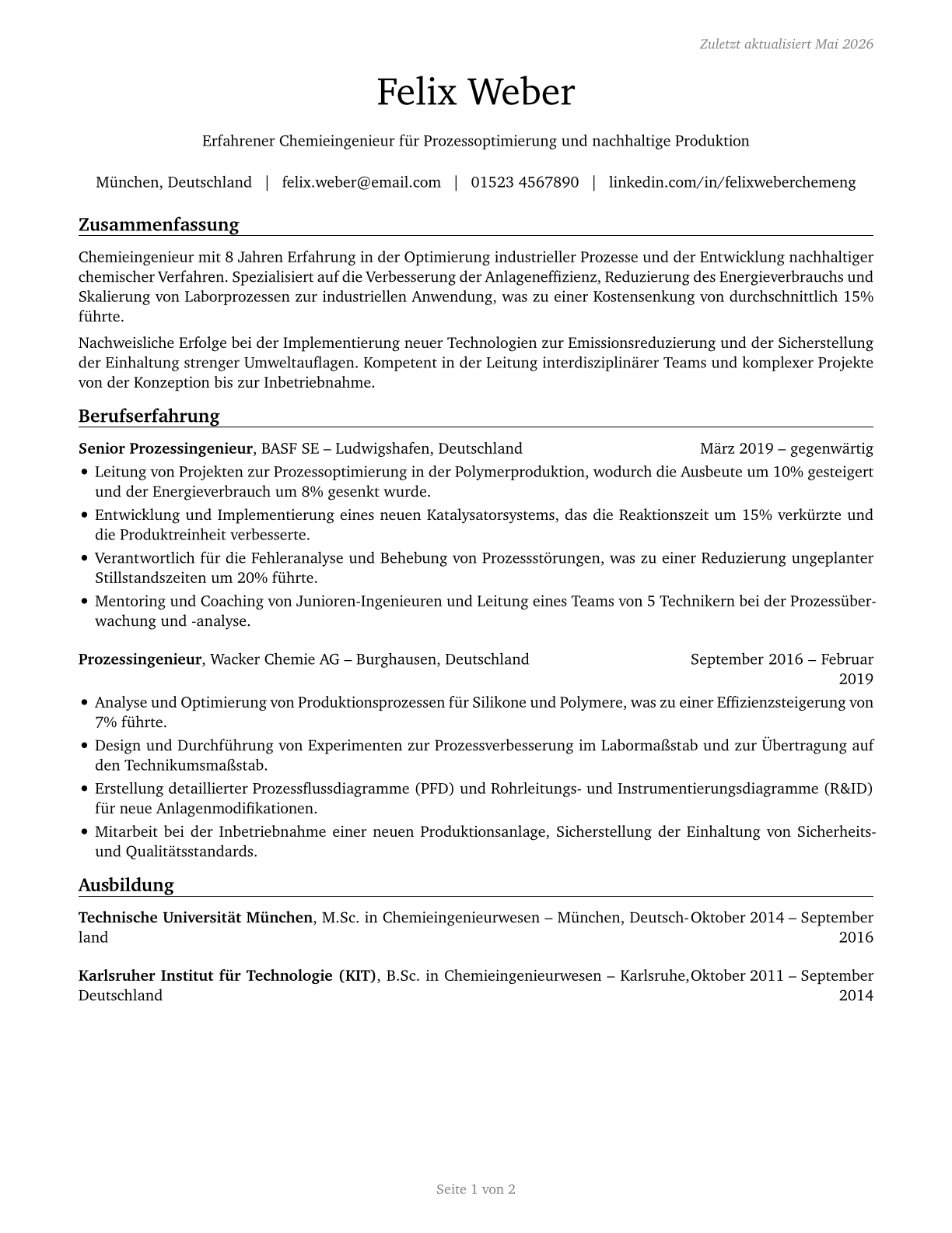 Chemical Engineers CV in German — page 1