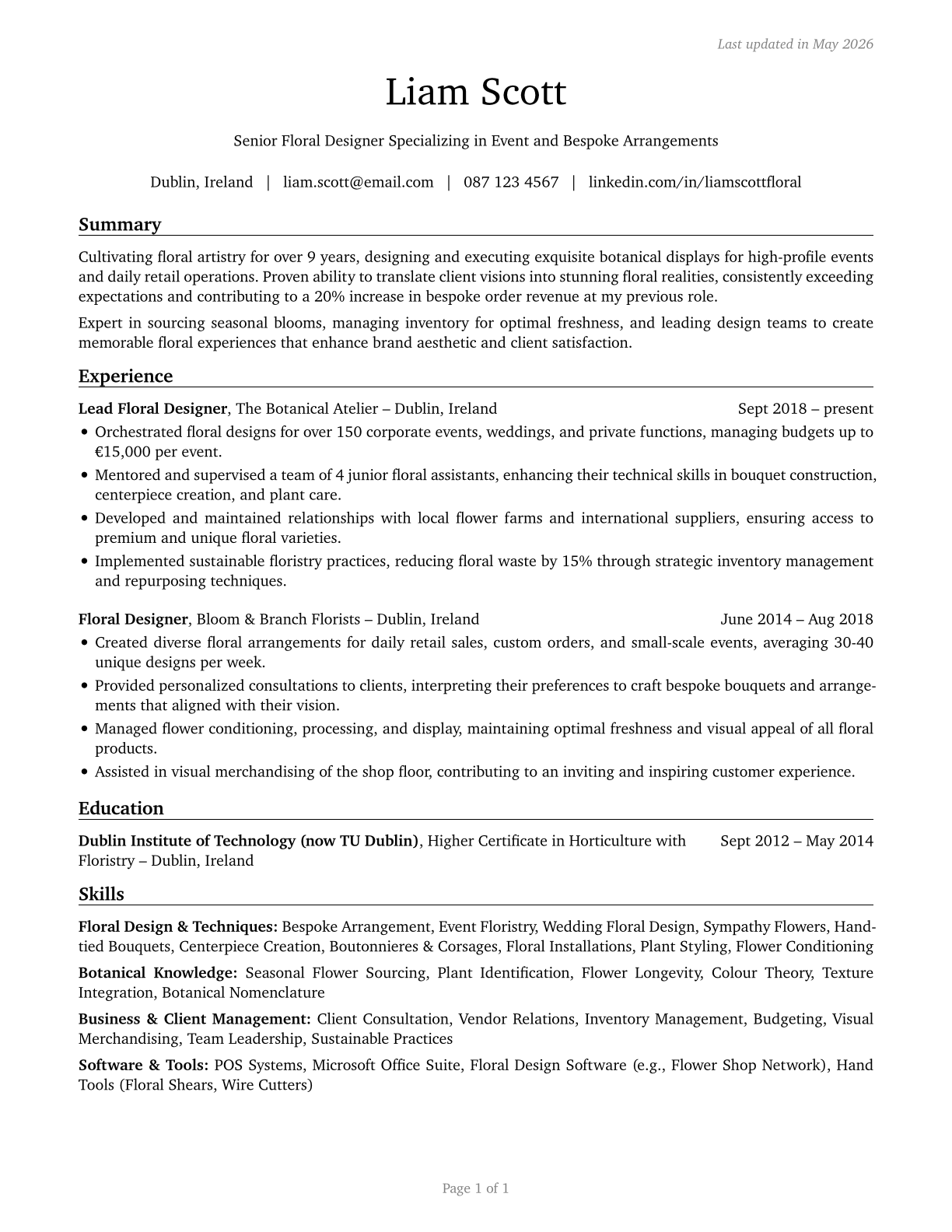 Floral Designers CV in English — page 1