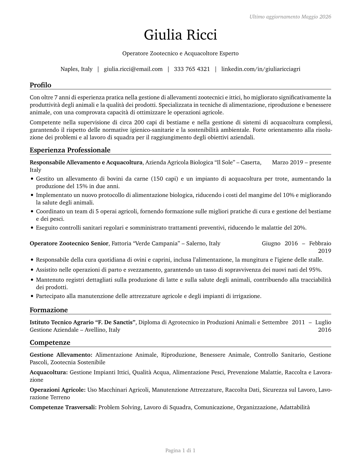 Farmworkers, Farm, Ranch, and Aquacultural Animals CV in Italian — page 1