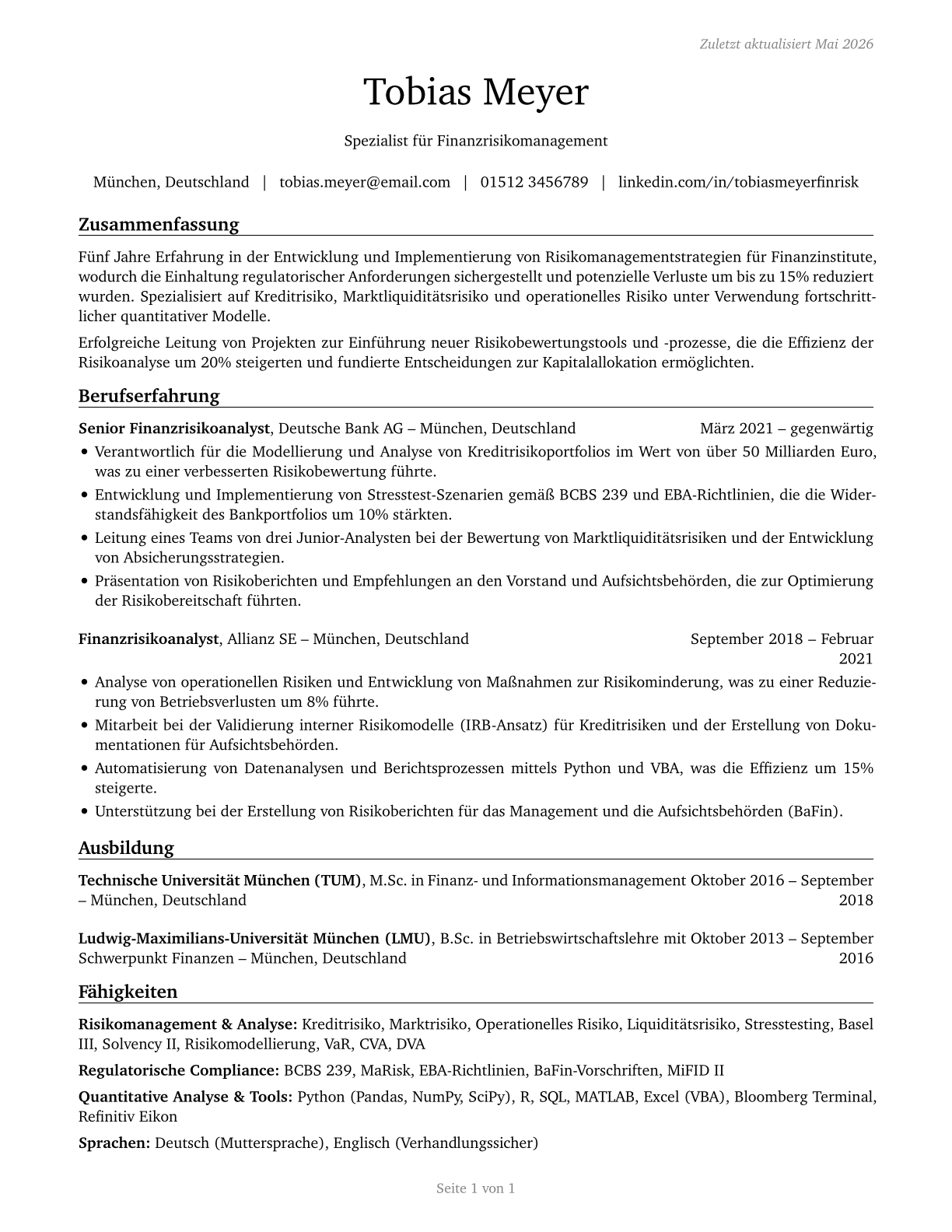 Financial Risk Specialists CV in German — page 1