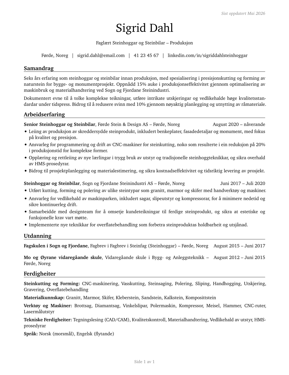 Stone Cutters and Carvers, Manufacturing CV in Norwegian_nynorsk — page 1