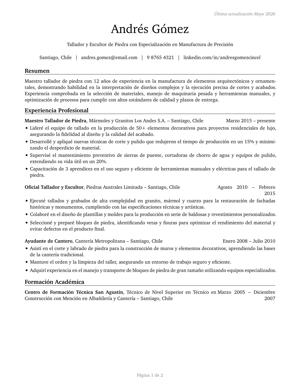 Stone Cutters and Carvers, Manufacturing CV in Spanish — page 1