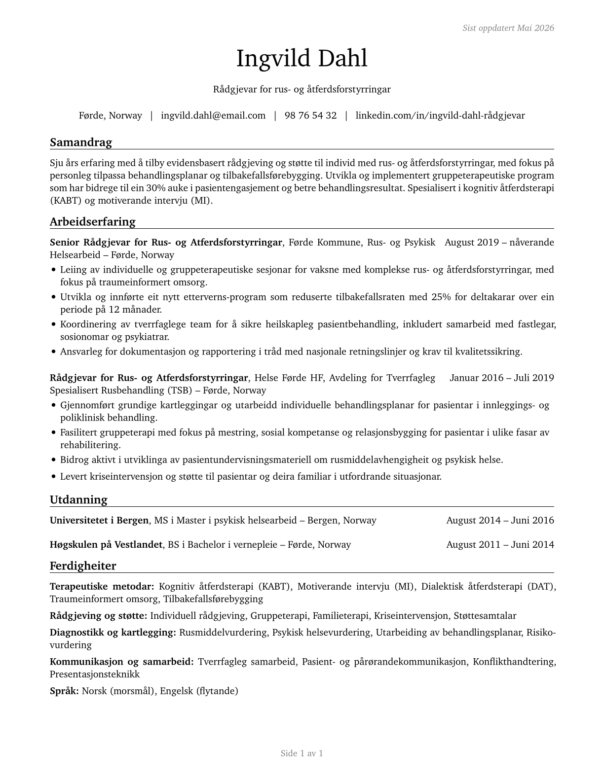 Substance Abuse and Behavioral Disorder Counselors CV in Norwegian_nynorsk — page 1