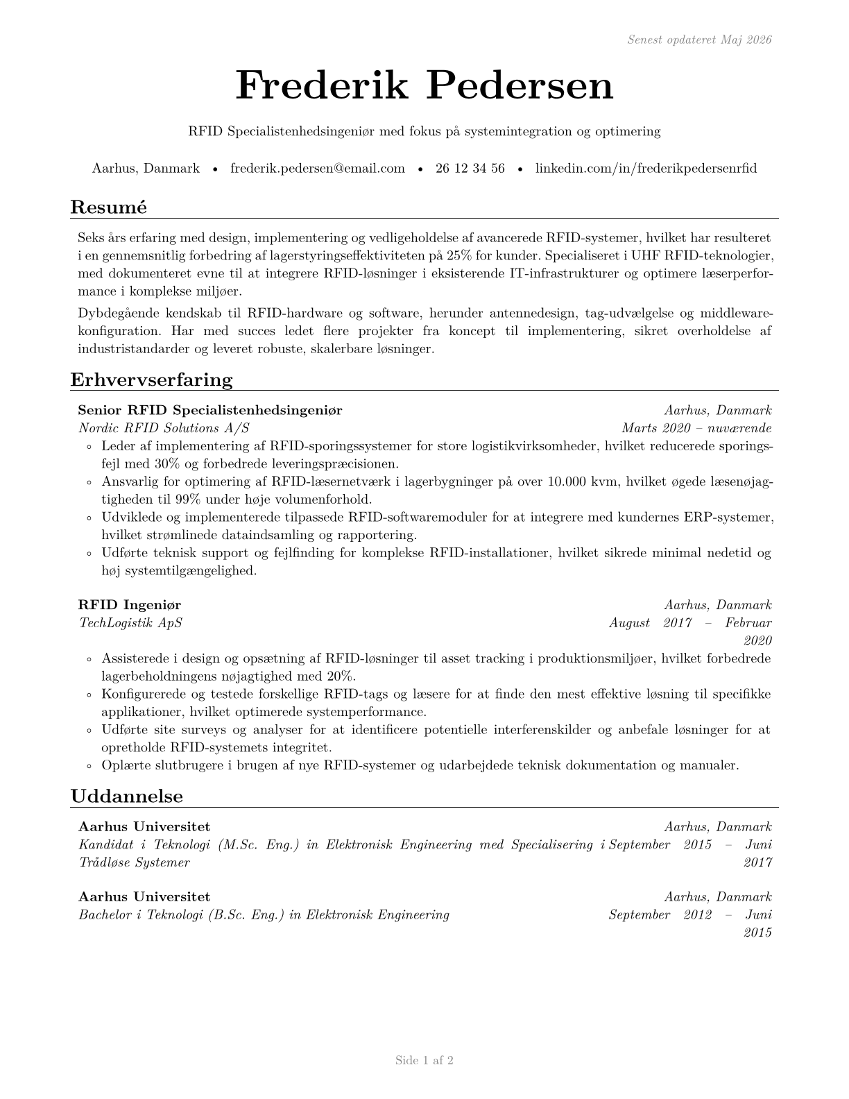 Radio Frequency Identification Device Specialists CV in Danish — page 1